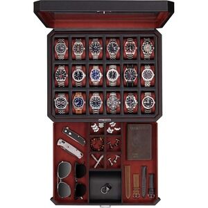 ROTHWELL 18 Slot Watch Box Case w Drawer Glass Lid Lockable Black Red